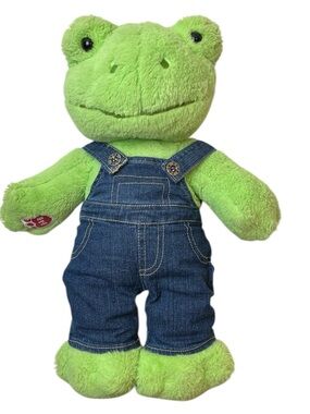 Build A Bear Workshop Green Spring Frog Plush 16" Stuffed Animal BAB W/ Overalls